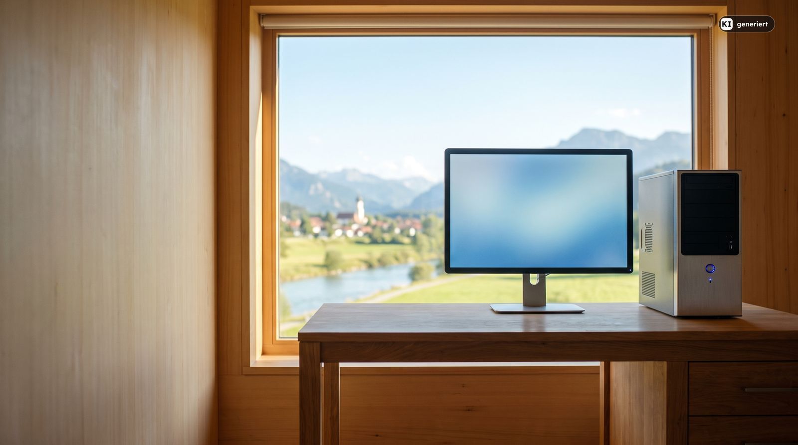 KI-generiertes Symbolbild: Arbeitsplatz mit Bildschirm und Computer vor einem Fenster mit Blick auf Fluss, Ort und Berge
