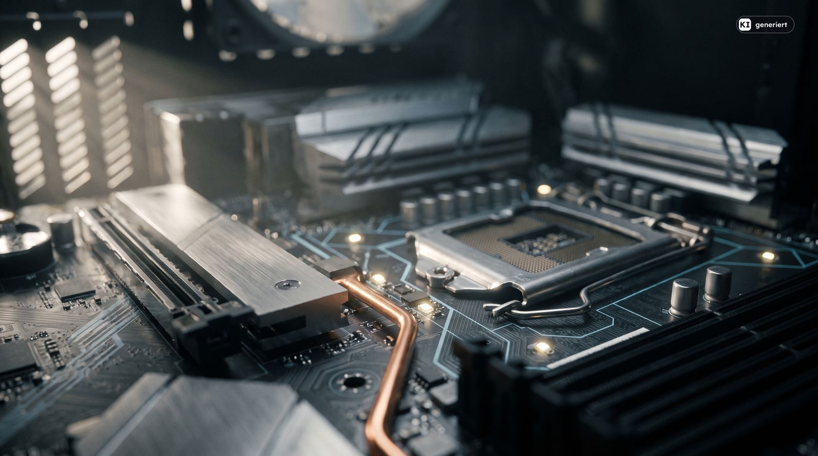 KI-generiertes Symbolbild: Blick ins Innere eines Computers auf Hauptplatine und Arbeitsspeicher